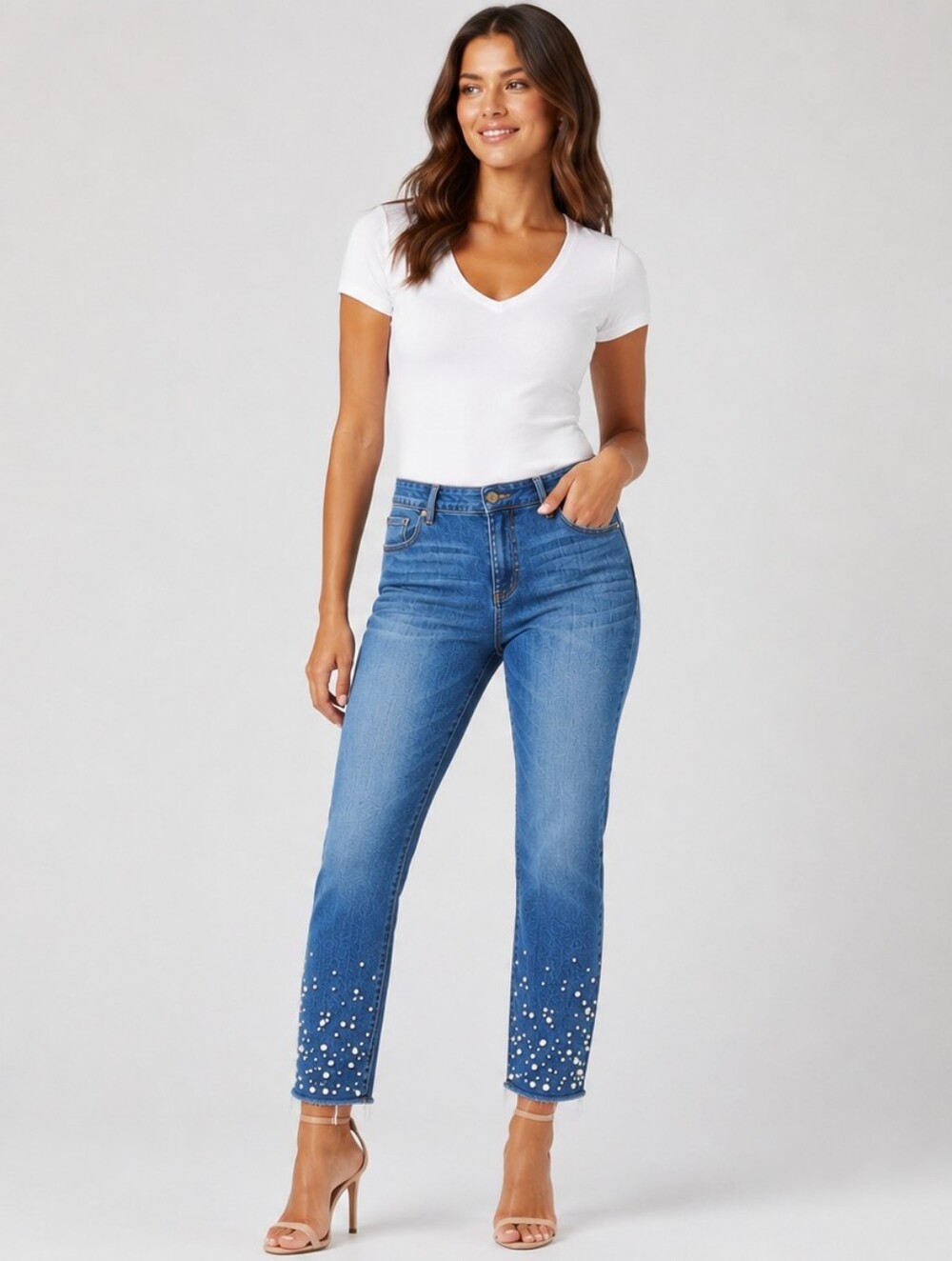 Faux Pearls Embellished Girlfriend Ankle Cropped Jeans US 6 So Slimming Raw Hem